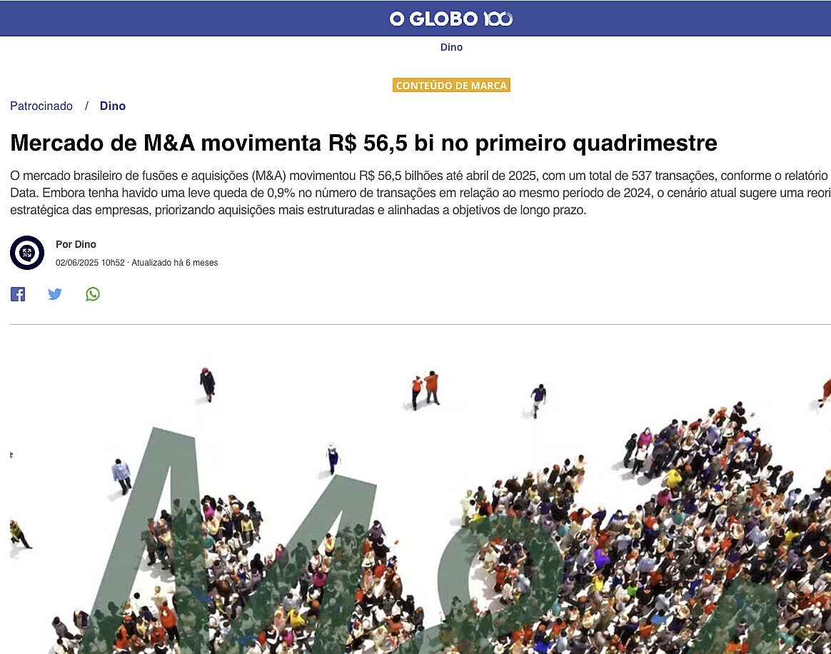 Mercado de M&A movimenta R$ 56,5 bi no primeiro quadrimestre